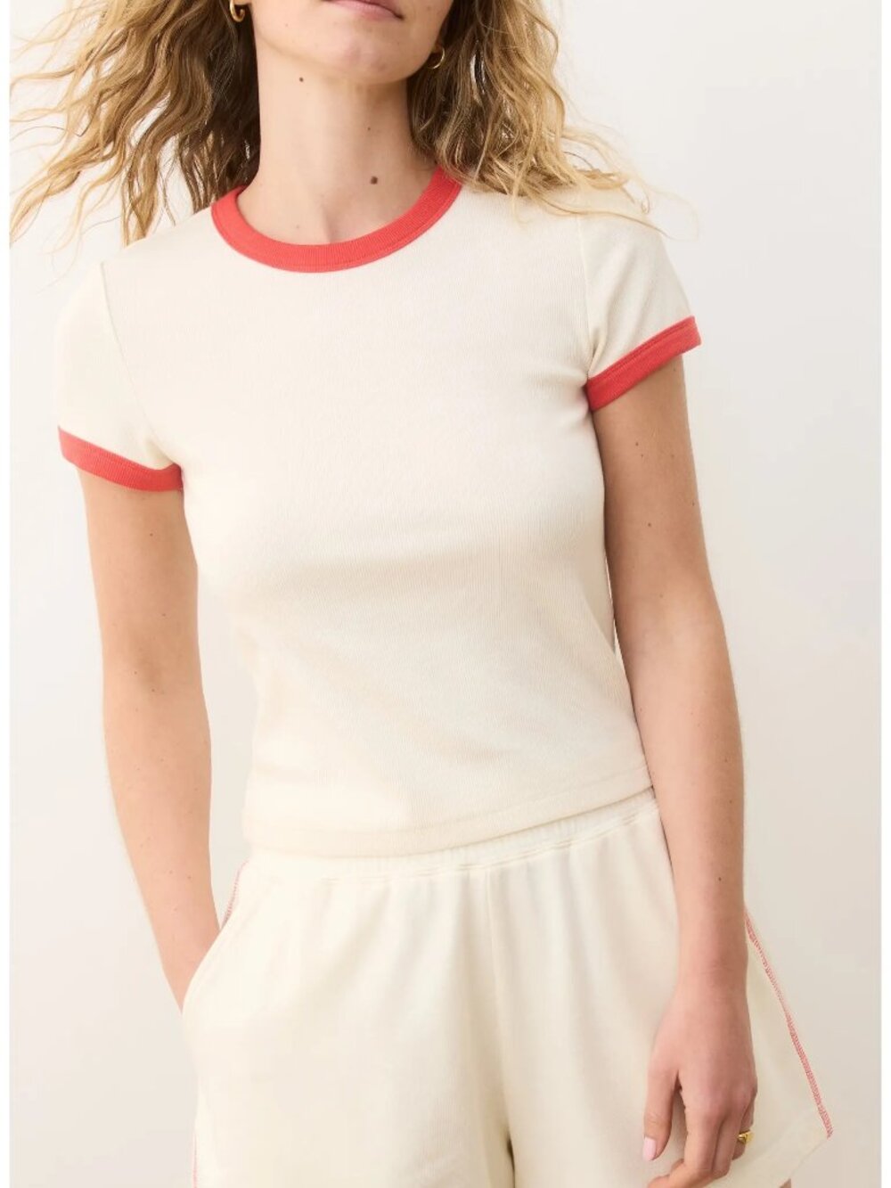 Marine Layer Lexi Rib Sun-in Crew Tee in Cream/Hibiscus NEW